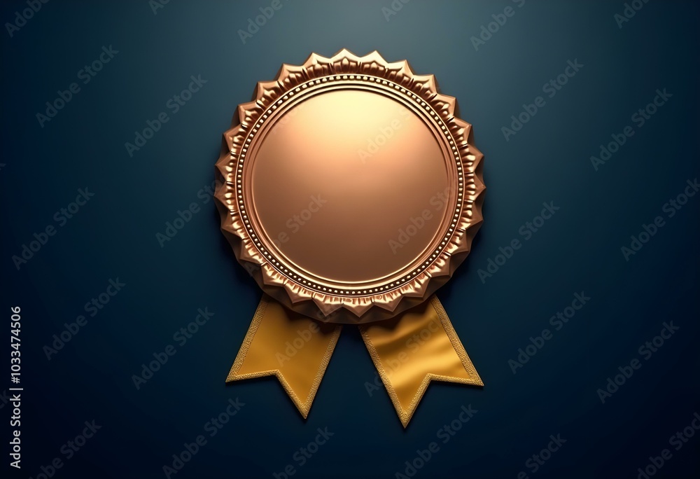 blank bronze badge with a decorative gold ribbon, isolated on a deep navy background, emphasizing the badge's smooth finish create with ai blank bronze badge with a decorative gold ribbon, isolated on a deep navy background, emphasizing the badge's smooth finish create with ai