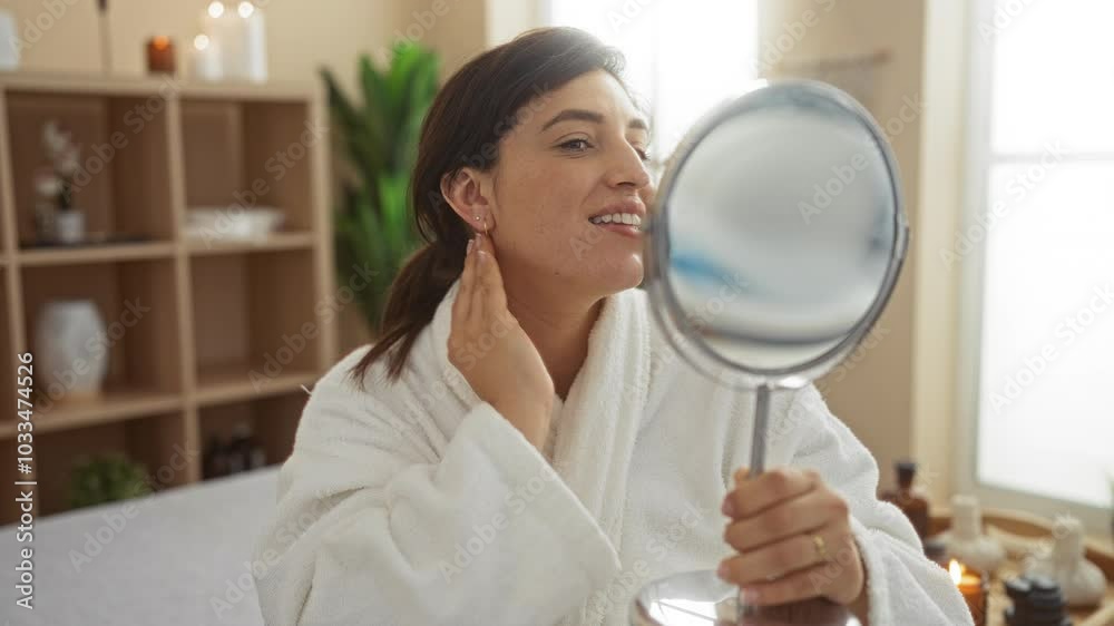 Young woman smiling and touching her face while looking in a mirror at a spa room, reflecting relaxation and beauty routine in a wellness center Young woman smiling and touching her face while looking in a mirror at a spa room, reflecting relaxation and beauty routine in a wellness center