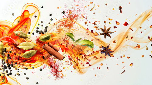 Fototapeta Naklejka Na Ścianę i Meble -  There are some spices for masala tea on the white table. A colorful swirl of spices and herbs in a colorful stylish smoke. The concept of energy and movement