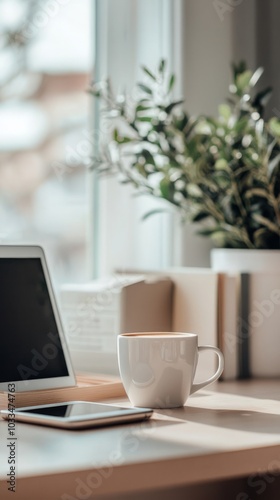 Wallpaper Mural Minimalist Home Office Desk Setup with Coffee and Tablet Torontodigital.ca