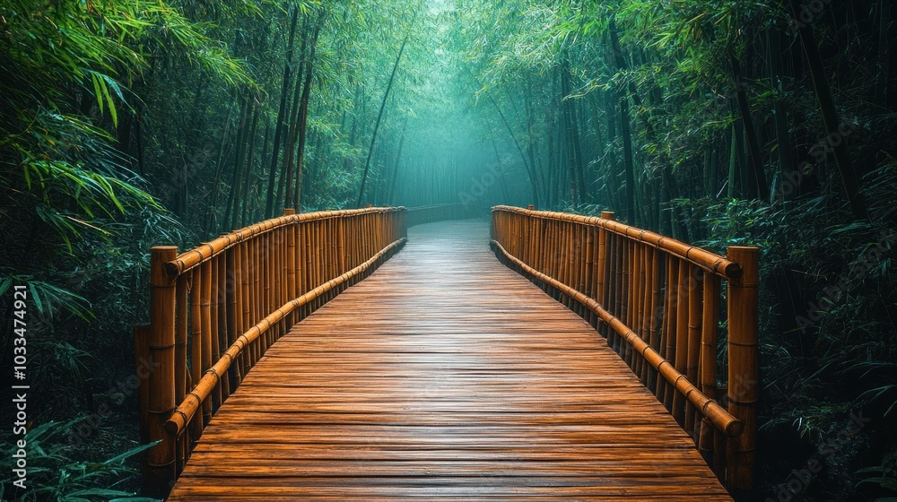 Obraz premium A wooden path leading into a misty bamboo forest.