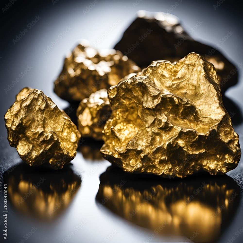 Close-up of raw gold nuggets with a shiny metallic surface, reflecting light beautifully. Ideal for themes related to wealth, luxury, mining, and precious metals. Close-up of raw gold nuggets with a shiny metallic surface, reflecting light beautifully. Ideal for themes related to wealth, luxury, mining, and precious metals.