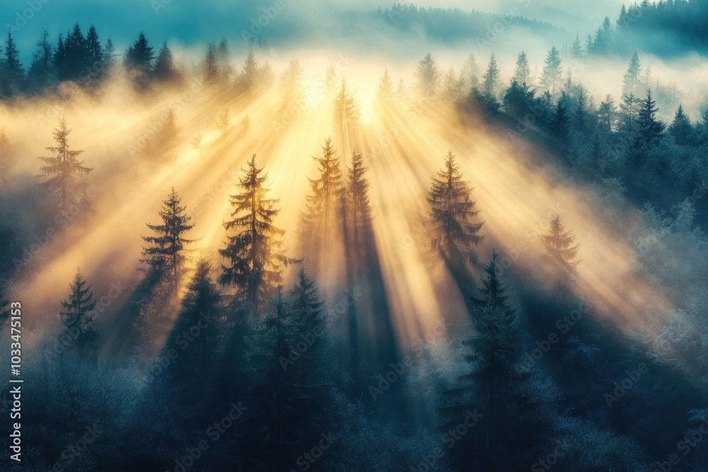 Sunlight beams through misty forest Sunlight beams through misty forest