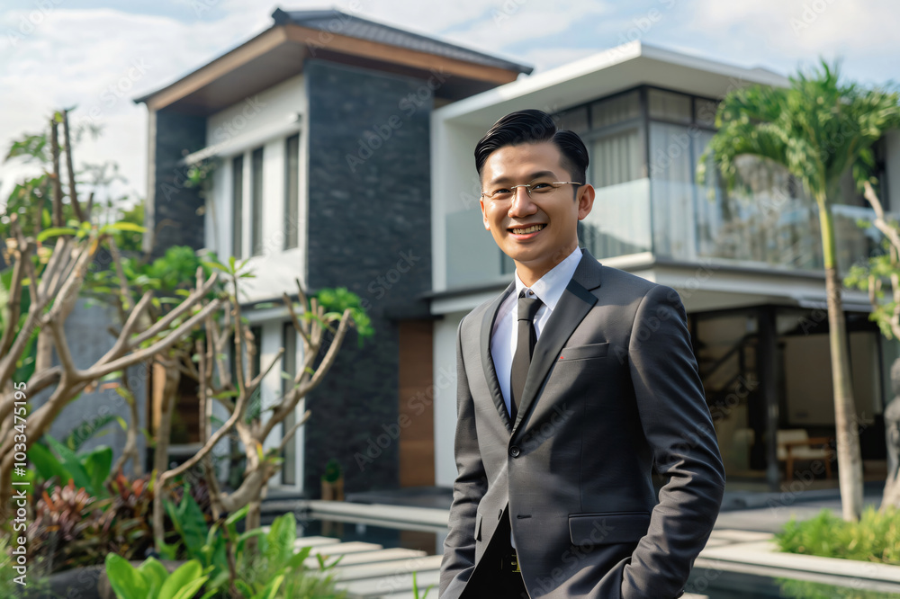 Confident real estate agent showcasing luxury home with pool in indonesia, smiling happily. Ideal investment for buyers seeking dream property Confident real estate agent showcasing luxury home with pool in indonesia, smiling happily. Ideal investment for buyers seeking dream property