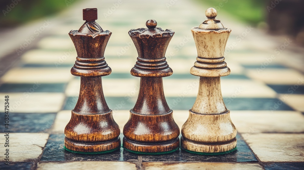 Fototapeta premium Chess Queens on Board Strategy Game Competition Wooden Pieces