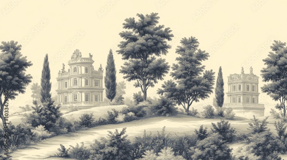 Obraz premium Classic Architectural Landscape Drawing Two Elegant Buildings Trees and Hills