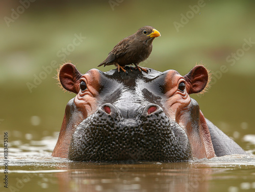 A bird perched on the head of a relaxed hippo in calm waters during a sunny afternoon
