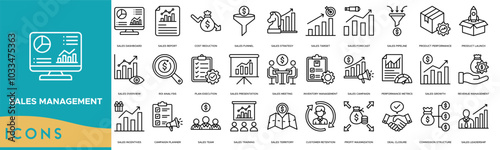 Sales management icon. Sales Dashboard, Report, Cost Reduction, Sales Funnel and Sales Strategy