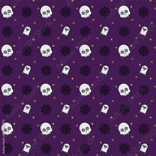 Vector Halloween seamless pattern with ghost, skull and spider web