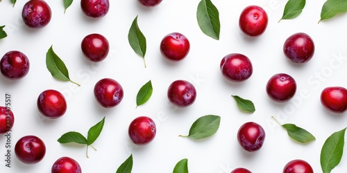 Summer harvest of red plums. Red plums and leaves pattern on a white background top view with space for text. photo