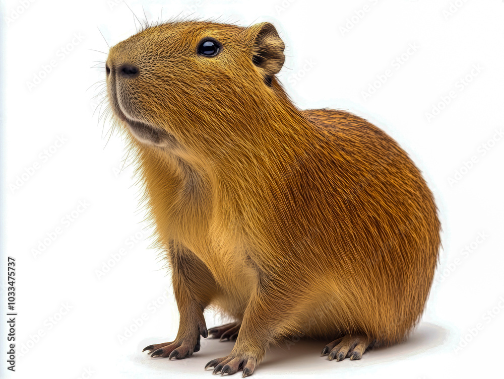 A capybara isolated against a white background, showcasing its distinctive features and curious expression in a studio setting A capybara isolated against a white background, showcasing its distinctive features and curious expression in a studio setting
