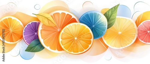 Vibrant illustration of assorted citrus fruits, showcasing colorful slices with green leaves, perfect for food and beverage designs.