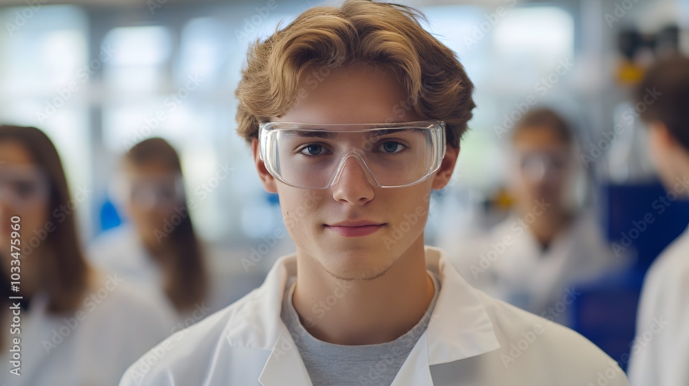 Young Man in Lab Coat and Safety Glasses Looking at Camera Young Man in Lab Coat and Safety Glasses Looking at Camera