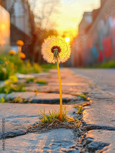 A dandelion emerges from a crack in concrete at sunset, showcasing resilience in an urban environment