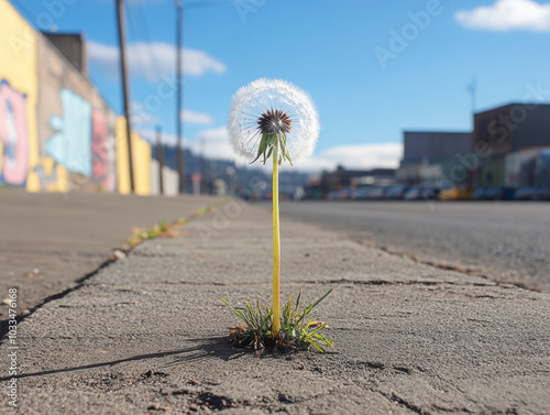 A resilient dandelion thriving on a concrete sidewalk under a bright blue sky in an urban environment