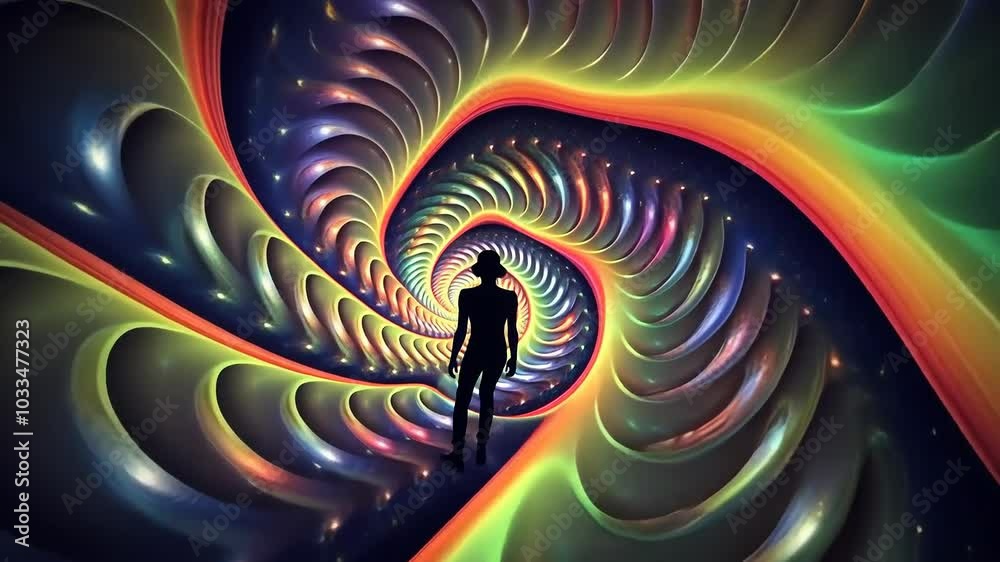 Surreal fractal vortex with silhouetted person