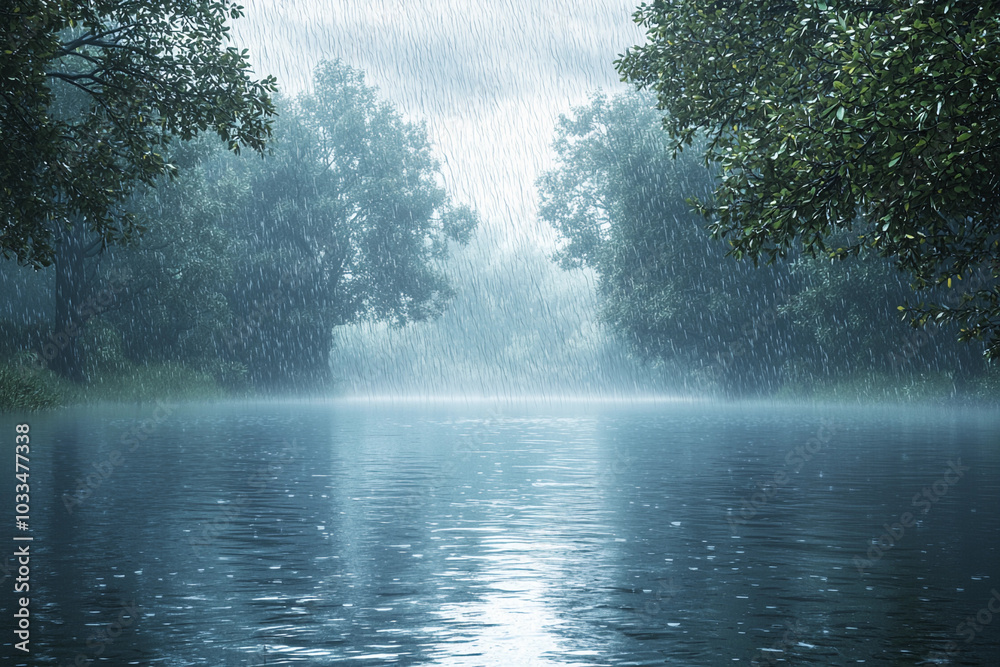 Serene river under rain with misty trees along the banks