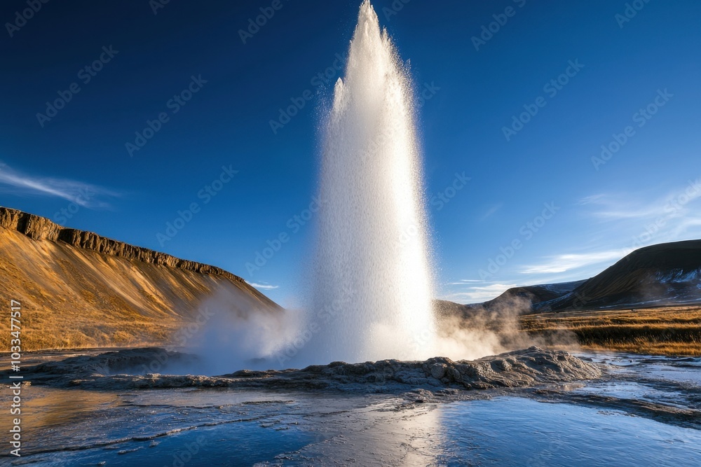 A stunning geyser erupts into the clear blue sky surrounded by scenic landscapes and reflecting sunlight on the water below A stunning geyser erupts into the clear blue sky surrounded by scenic landscapes and reflecting sunlight on the water below