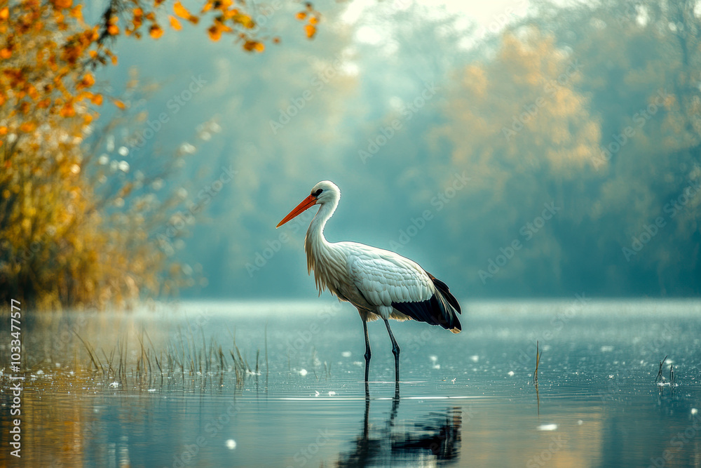 Fototapeta premium A white stork wading through a tranquil wetland at dawn, surrounded by soft autumn colors