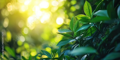 Nature view of a green background in a garden illuminated by morning sunlight, featuring copy space for a natural green plants landscape.