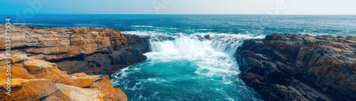 A stunning coastal scene featuring waves crashing against rocky formations under a clear blue sky