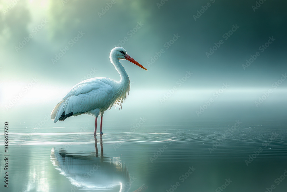 A white stork stands gracefully in serene water surrounded by mist at dawn, exhibiting tranquility and beauty in nature A white stork stands gracefully in serene water surrounded by mist at dawn, exhibiting tranquility and beauty in nature