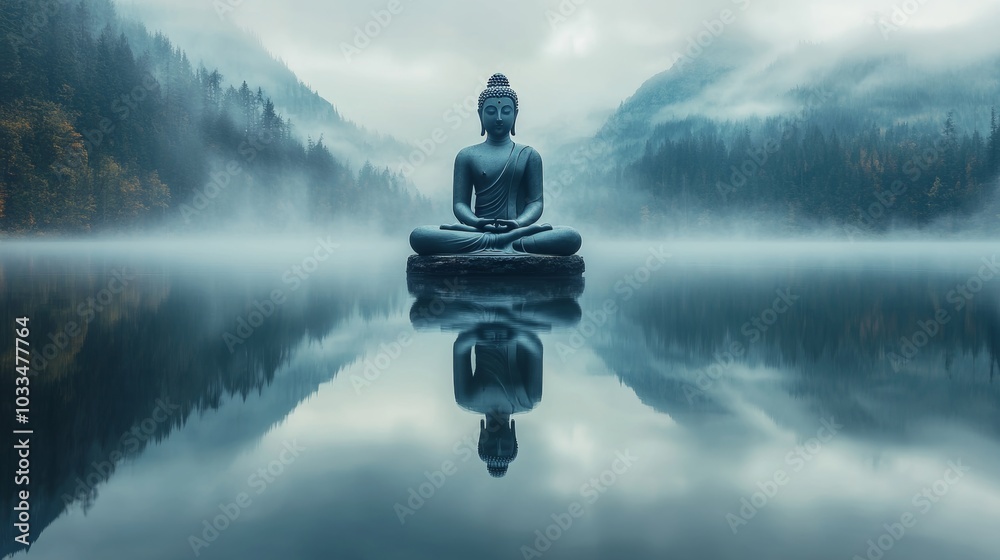 Buddha Statue Reflection in Misty Lake Tranquil Nature Scene Buddha Statue Reflection in Misty Lake Tranquil Nature Scene