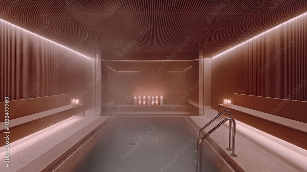 Modern Minimalist Indoor Pool with Steam and Candles in Luxury Spa Modern Minimalist Indoor Pool with Steam and Candles in Luxury Spa