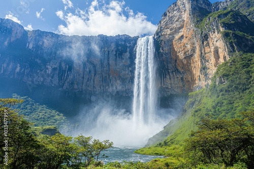 A stunning waterfall cascades down a rocky cliff surrounded by lush greenery and a clear blue sky creating a serene natural landscape