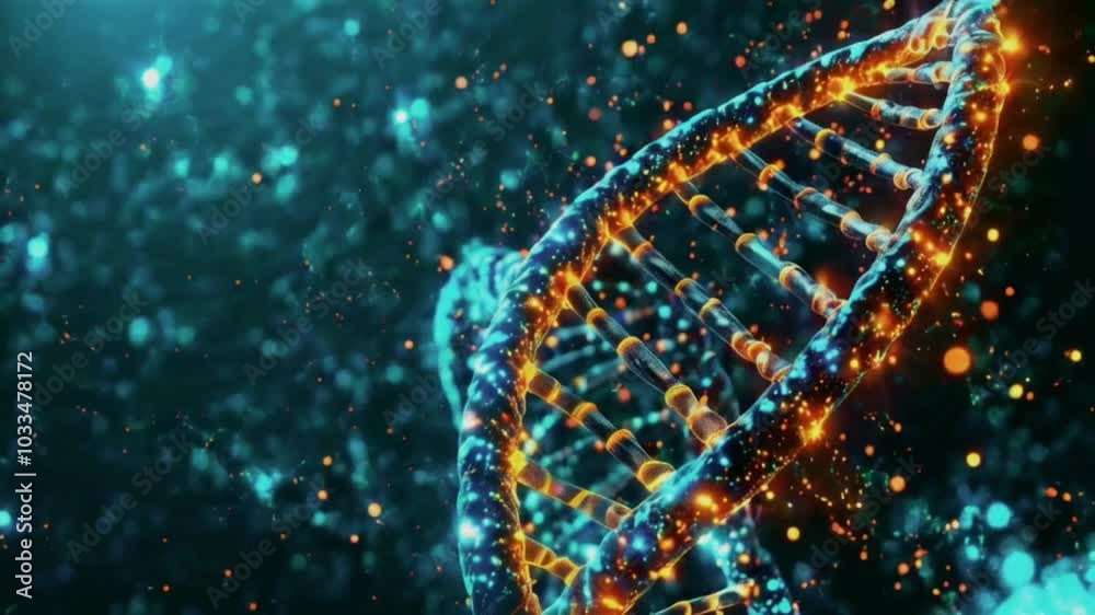 Close-up of DNA with particles in a turquoise and orange color scheme Close-up of DNA with particles in a turquoise and orange color scheme