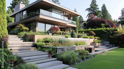 Modern House with Landscaped Garden and Stone Steps