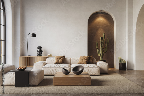 Contemporary interior design featuring a cozy sofa and wooden furniture against an arched white wall background, 3d render
 photo