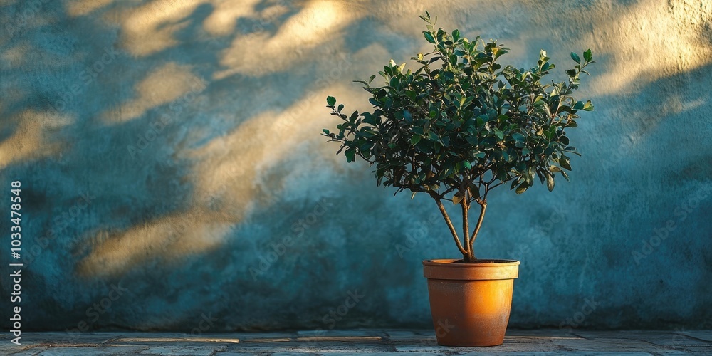 A tree in a small pot sits on cement, basking in the morning sun. A tree in a small pot sits on cement, basking in the morning sun.