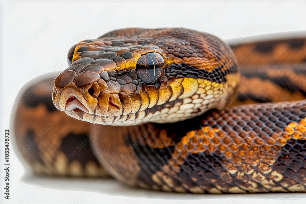 Fototapeta premium Python snake with intricate patterns and vibrant colors isolated on a white background showcasing its unique features and textures