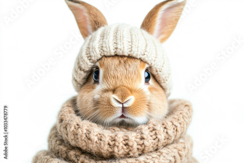 A cute rabbit with long ears dressed warmly in a knitted hat and scarf poses sweetly against a light background