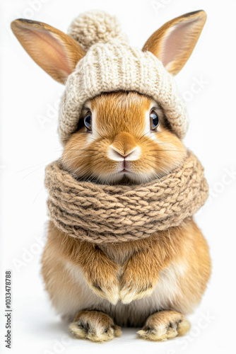 A playful rabbit with long ears wearing a cozy hat and scarf stands warmly in a bright indoor setting during winter