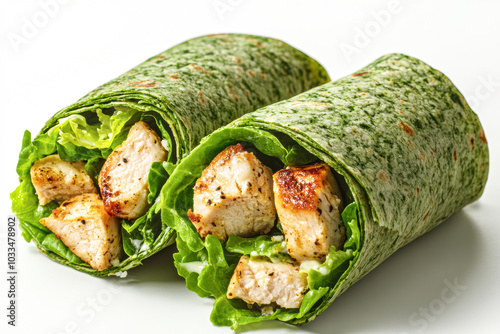 Delicious grilled chicken Caesar wrap with fresh lettuce, rolled in spinach tortilla, served on a clean white background