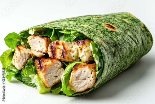 Delicious grilled chicken Caesar wrap filled with fresh lettuce and a spinach tortilla, perfect for a healthy lunch option