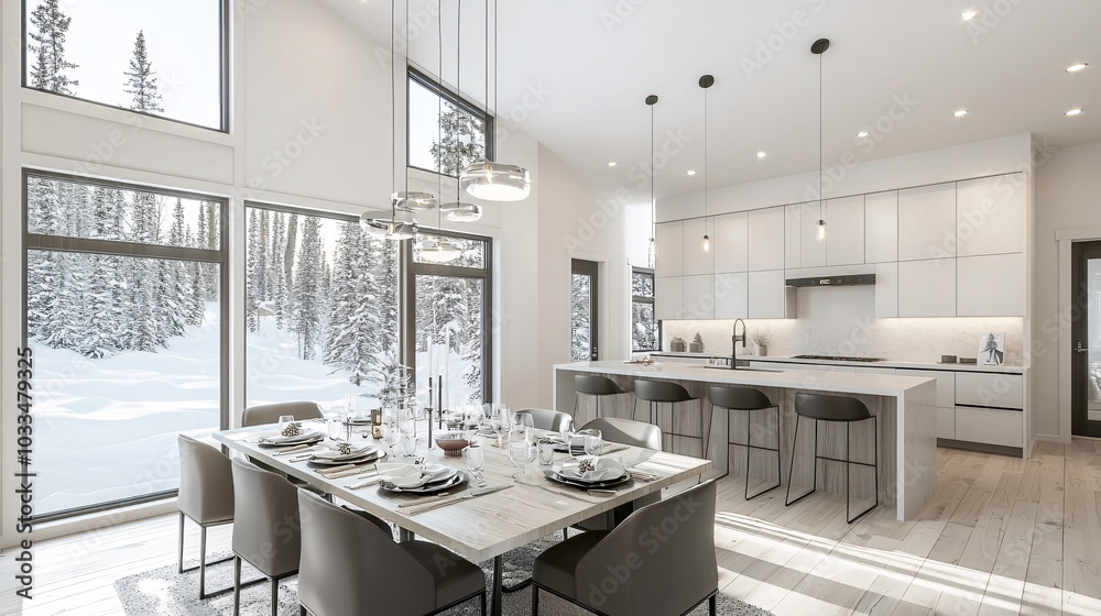 Fototapeta premium Open-concept living and dining area with subtle Christmas accents, modern holiday style, 3D illustration