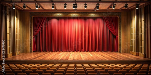 High angle view of theater stage with wooden floor and red curtain