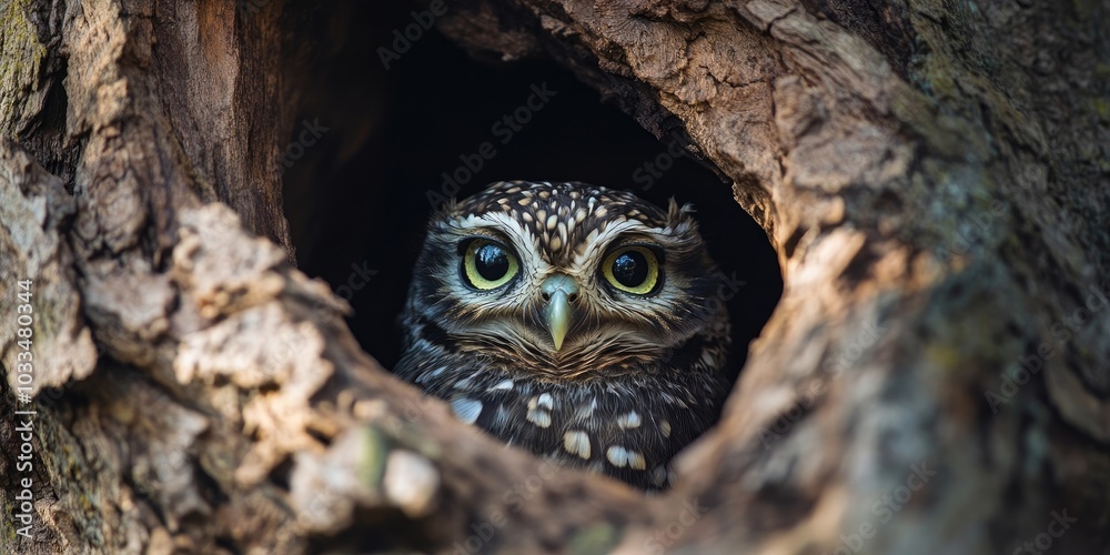 Little Owl peeking out from the hollow of an ancient tree. A spotted owlet in the nesting hole of the tree.