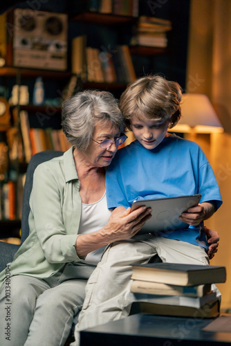 a warm light of living room with library big blue armchair elderly woman sitting with grandson watching news from tablet modern grandmother