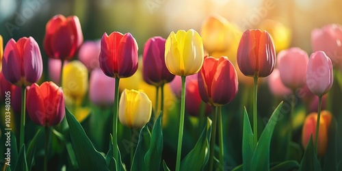 Field of vibrant, colorful tulips