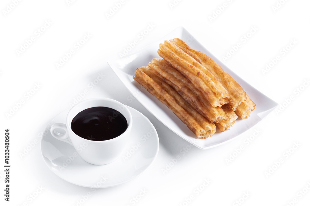 Hot chocolate with churros isolated on white background. Traditional Spanish food Hot chocolate with churros isolated on white background. Traditional Spanish food