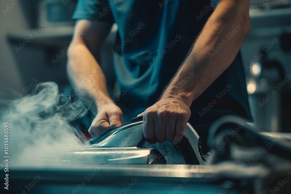 Close up of hands using steam iron to press shirt in laundry setting, leaving fabric fresh and clean Close up of hands using steam iron to press shirt in laundry setting, leaving fabric fresh and clean