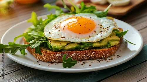 Sunny-side up egg on avocado toast with fresh greens