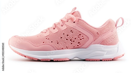 Pink athletic shoe with white sole and laces.