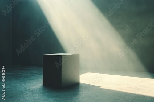 A sculpture displayed in a minimalist setting with copyspace warm spotlight contemporary art background.