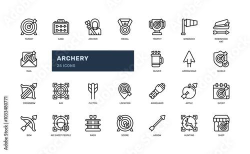 Archery arrow sport hobby leisure outline line icon set