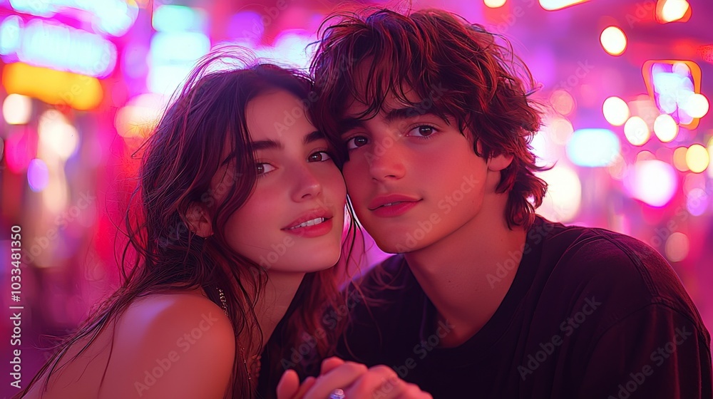 Beautiful couple sharing a passionate kiss in a vibrant nightclub